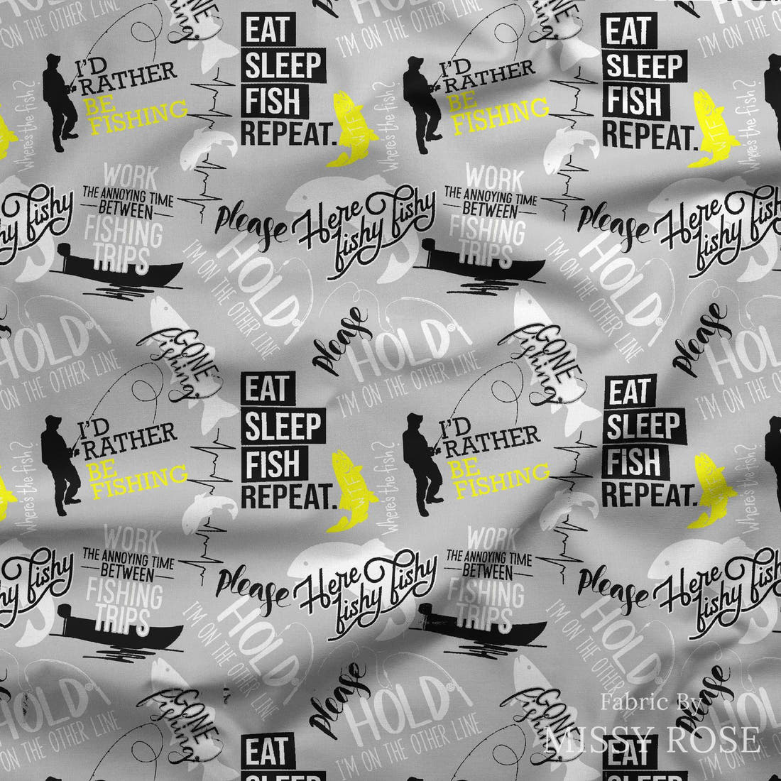 Design 551 Grey Fishing Fabric draped fabric mockup – custom printed fabric by the metre | Fabric by Missy Rose