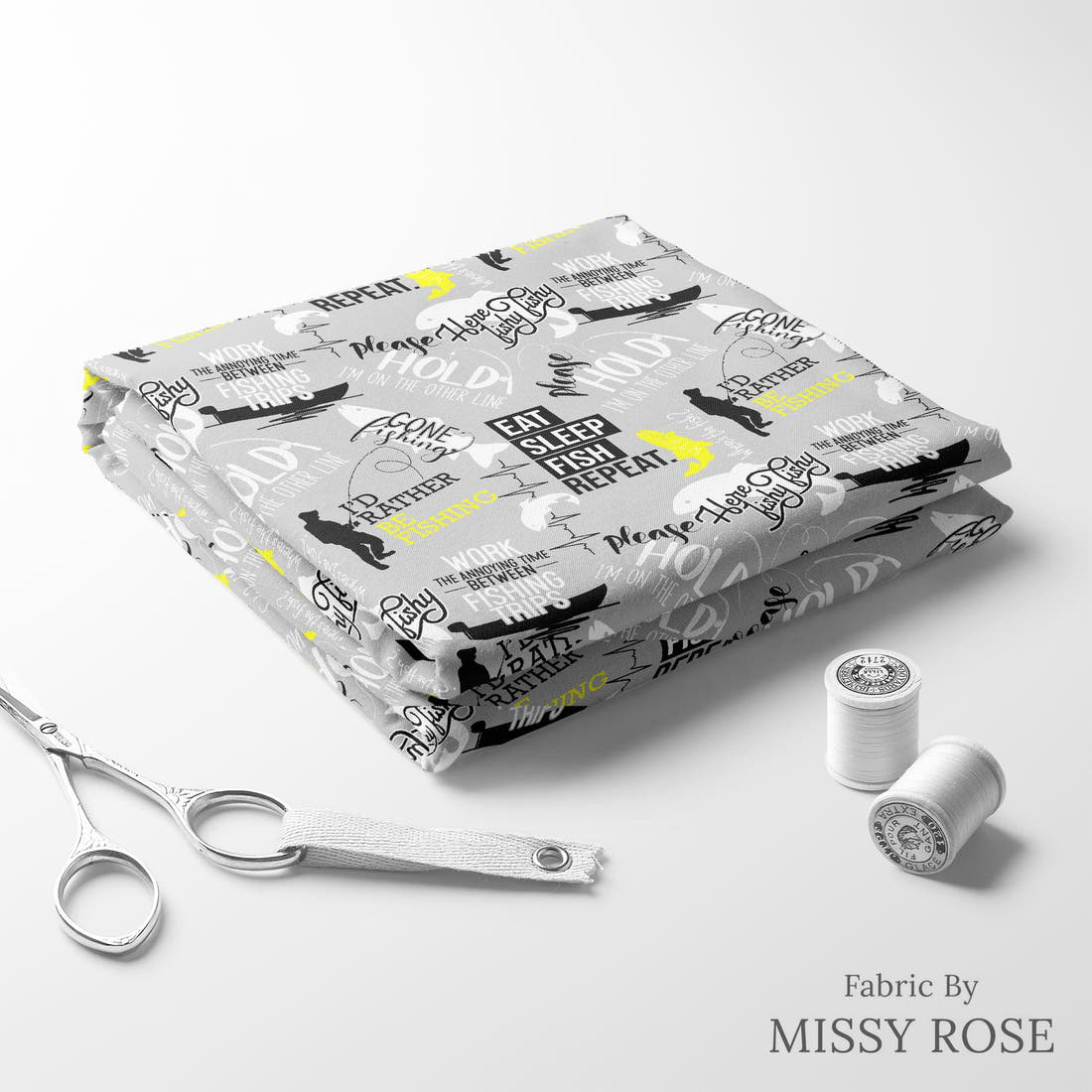 Design 551 Grey Fishing Fabric folded fabric stack with matching thread – pre-order fabric Australia | Fabric by Missy Rose