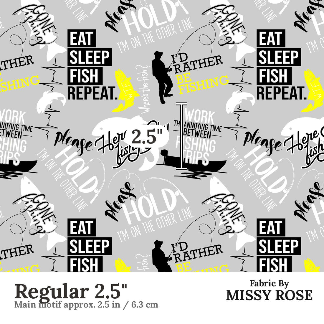 Design 551 Grey Fishing Fabric Regular 2.5" - print scale | Fabric by Missy Rose