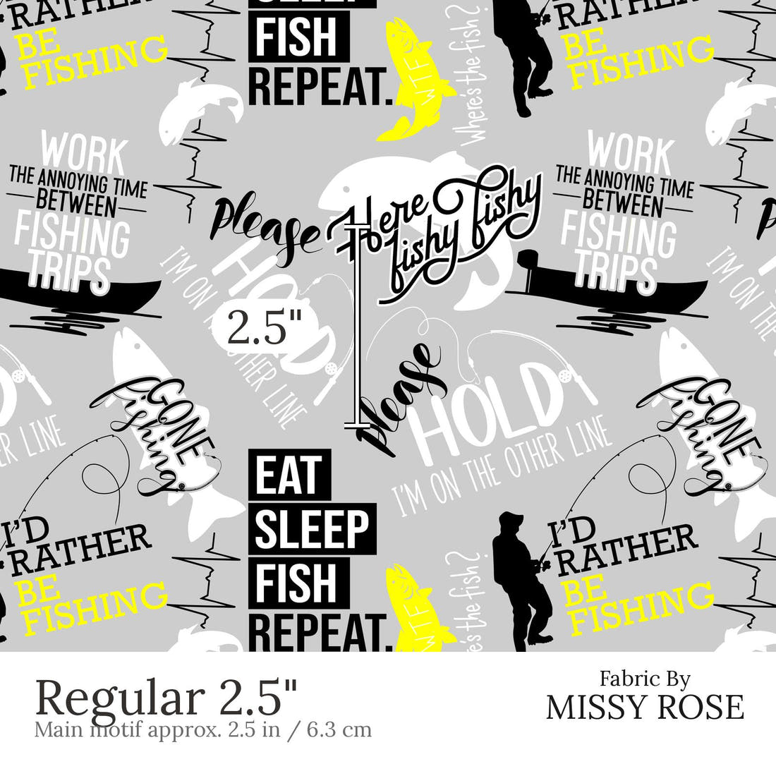 Design 551 Grey Fishing Fabric Regular 2.5 inch print scale guide | Fabric by Missy Rose