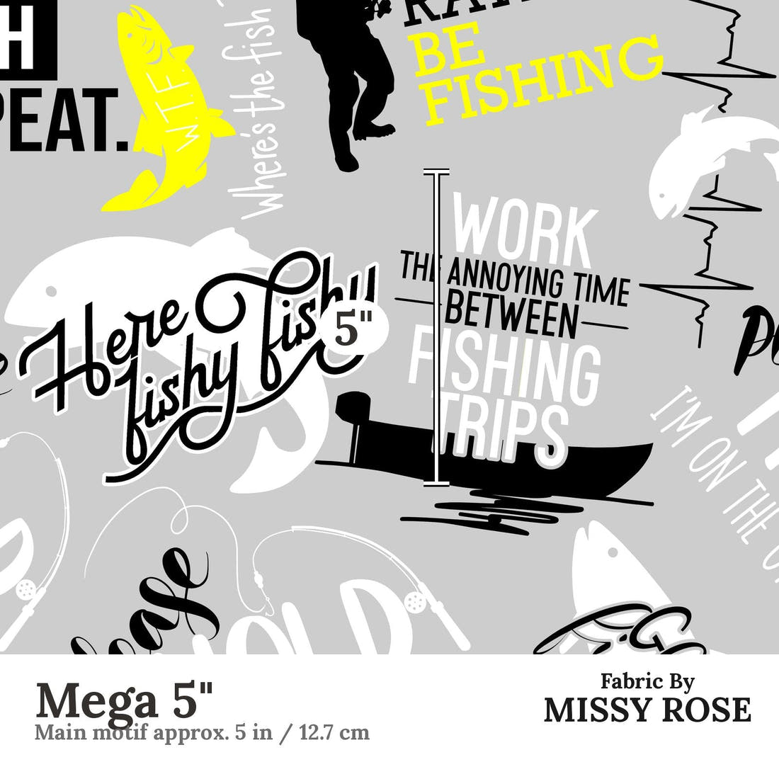 Design 551 Grey Fishing Fabric Mega 5" - print scale | Fabric by Missy Rose