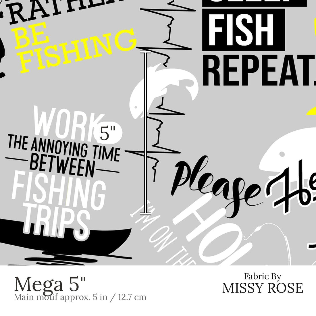 Design 551 Grey Fishing Fabric Mega 5 inch print scale guide | Fabric by Missy Rose
