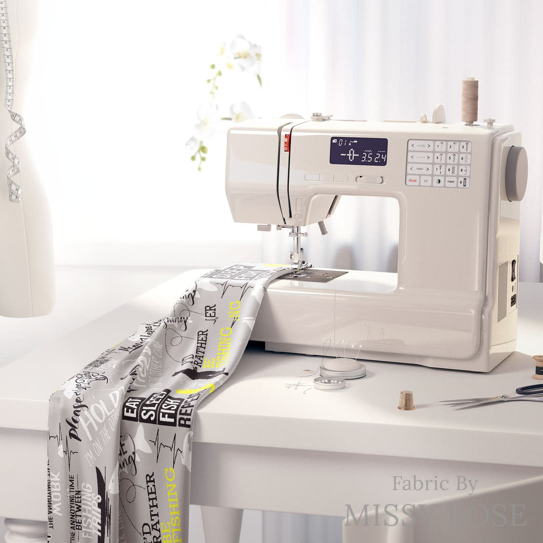 Design 551 Grey Fishing Fabric on a sewing machine – premium fabric for sewing projects | Fabric by Missy Rose