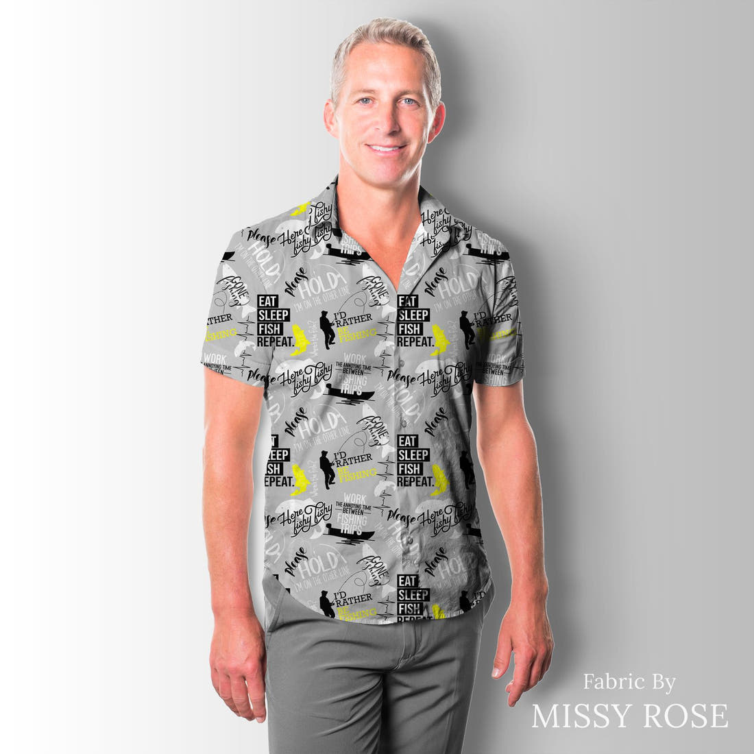 Design 551 Grey Fishing Fabric sewn into a men's shirt – see how the print looks made up | Fabric by Missy Rose