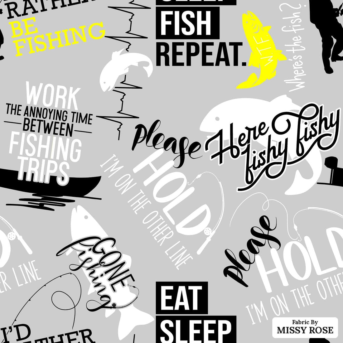 Design 551 Grey Fishing Fabric - flat view of the print, zoom in for detail | Fabric by Missy Rose