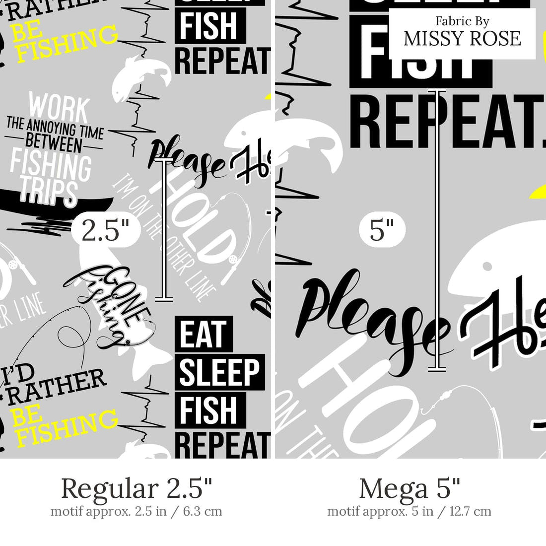 Design 551 Grey Fishing Fabric Regular 2.5 inch vs Mega 5 inch print scale side by side | Fabric by Missy Rose