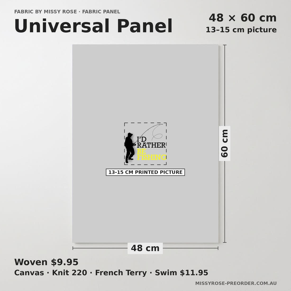 Design 551 Grey Fishing Panel universal panel sizing – 13–15 cm printed picture on 48 × 60 cm fabric | Fabric by Missy Rose