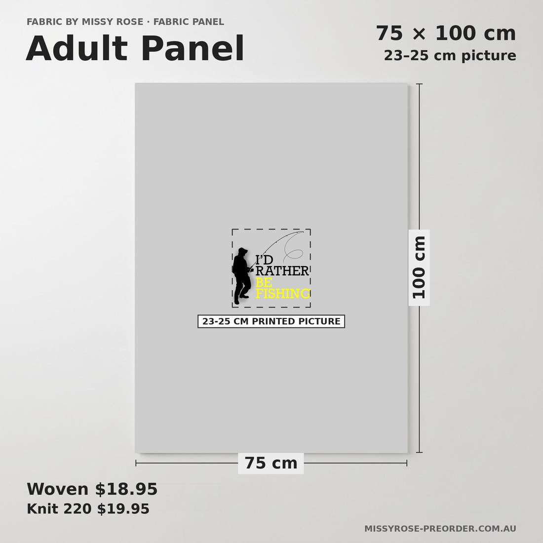 Design 551 Grey Fishing Panel adult panel sizing – 23–25 cm printed picture on 75 × 100 cm fabric | Fabric by Missy Rose