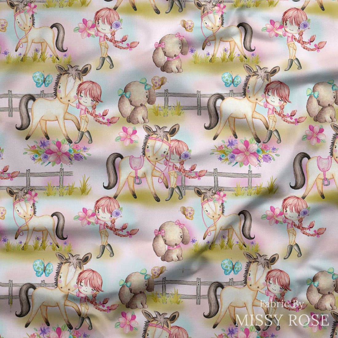Design 552 Pink Pony Fabric draped fabric mockup – custom printed fabric by the metre | Fabric by Missy Rose