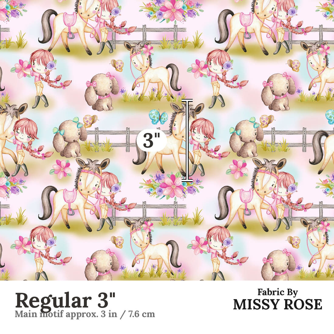 Design 552 Pink Pony Fabric Regular 3" - print scale | Fabric by Missy Rose