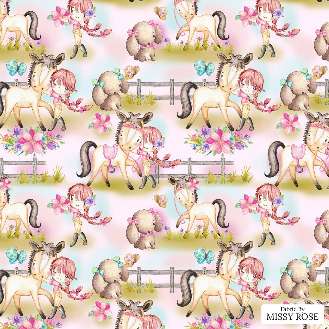 Design 552 Pink Pony Fabric - flat view of the print, zoom in for detail | Fabric by Missy Rose