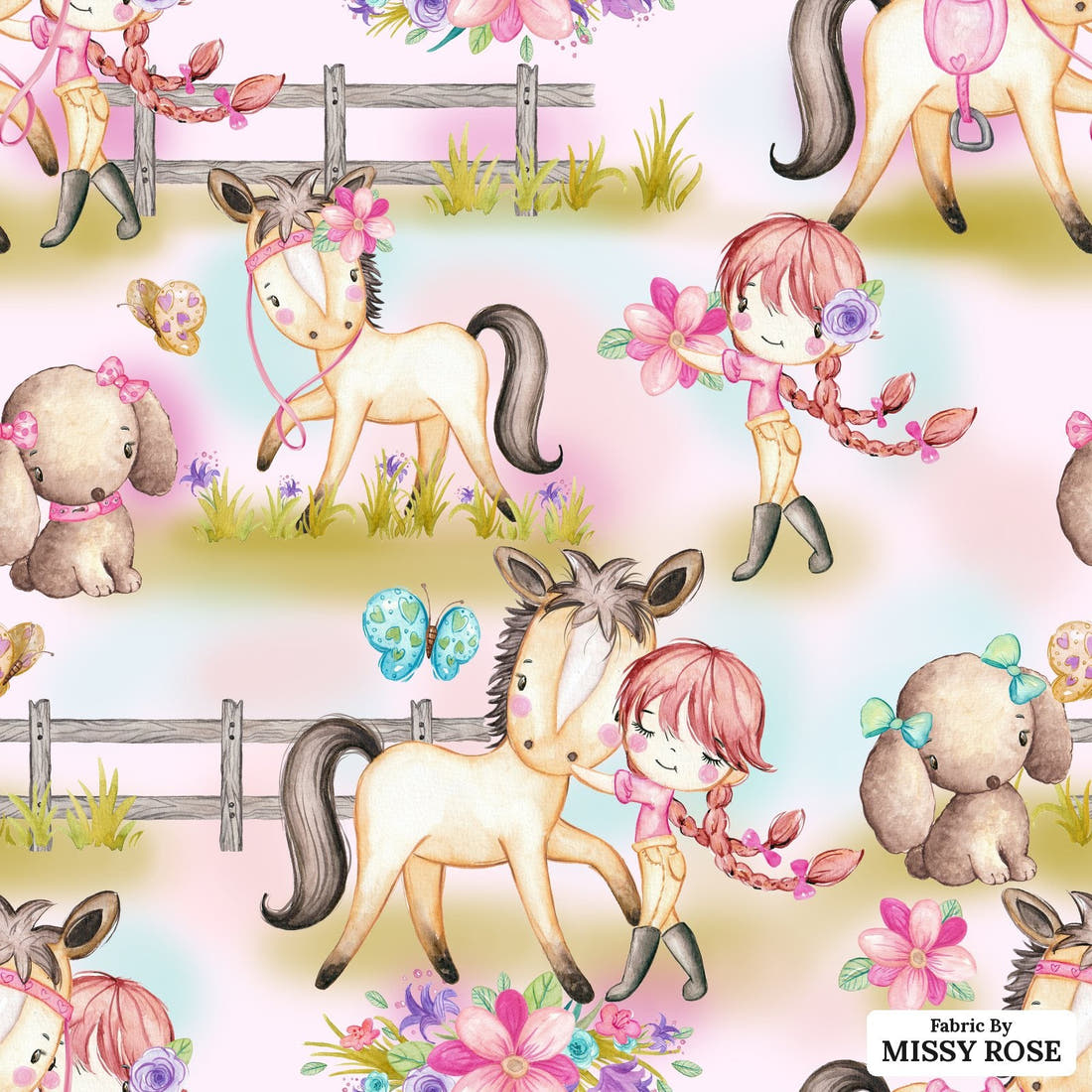 Design 552 Pink Pony Fabric - flat view of the print, zoom in for detail | Fabric by Missy Rose