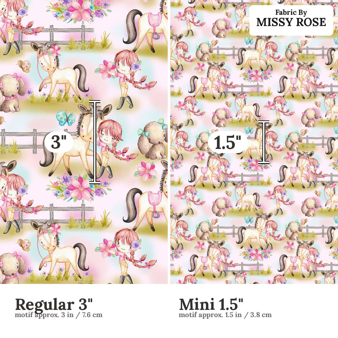 Design 552 Pink Pony Fabric size comparison - print scale | Fabric by Missy Rose