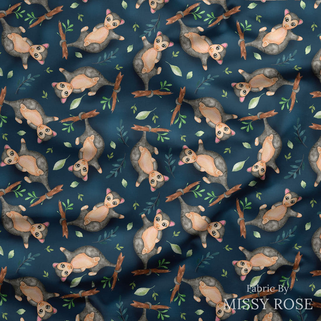 Design 553 Navy Possum Fabric draped fabric mockup – custom printed fabric by the metre | Fabric by Missy Rose