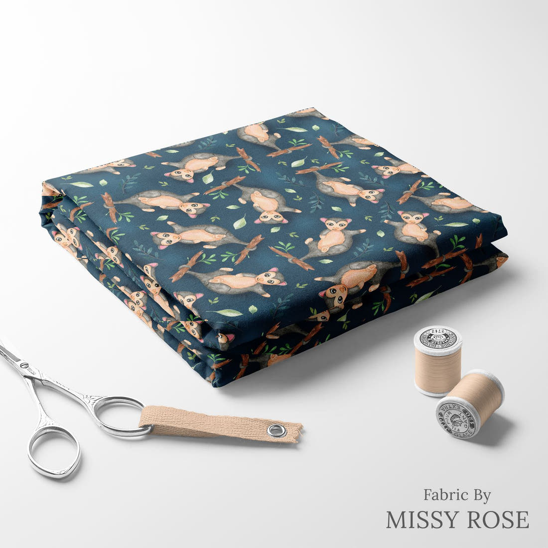 Design 553 Navy Possum Fabric folded fabric stack with matching thread – pre-order fabric Australia | Fabric by Missy Rose