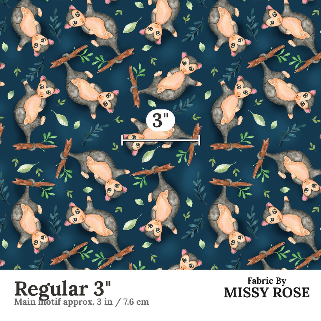 Design 553 Navy Possum Fabric Regular 3" - print scale | Fabric by Missy Rose