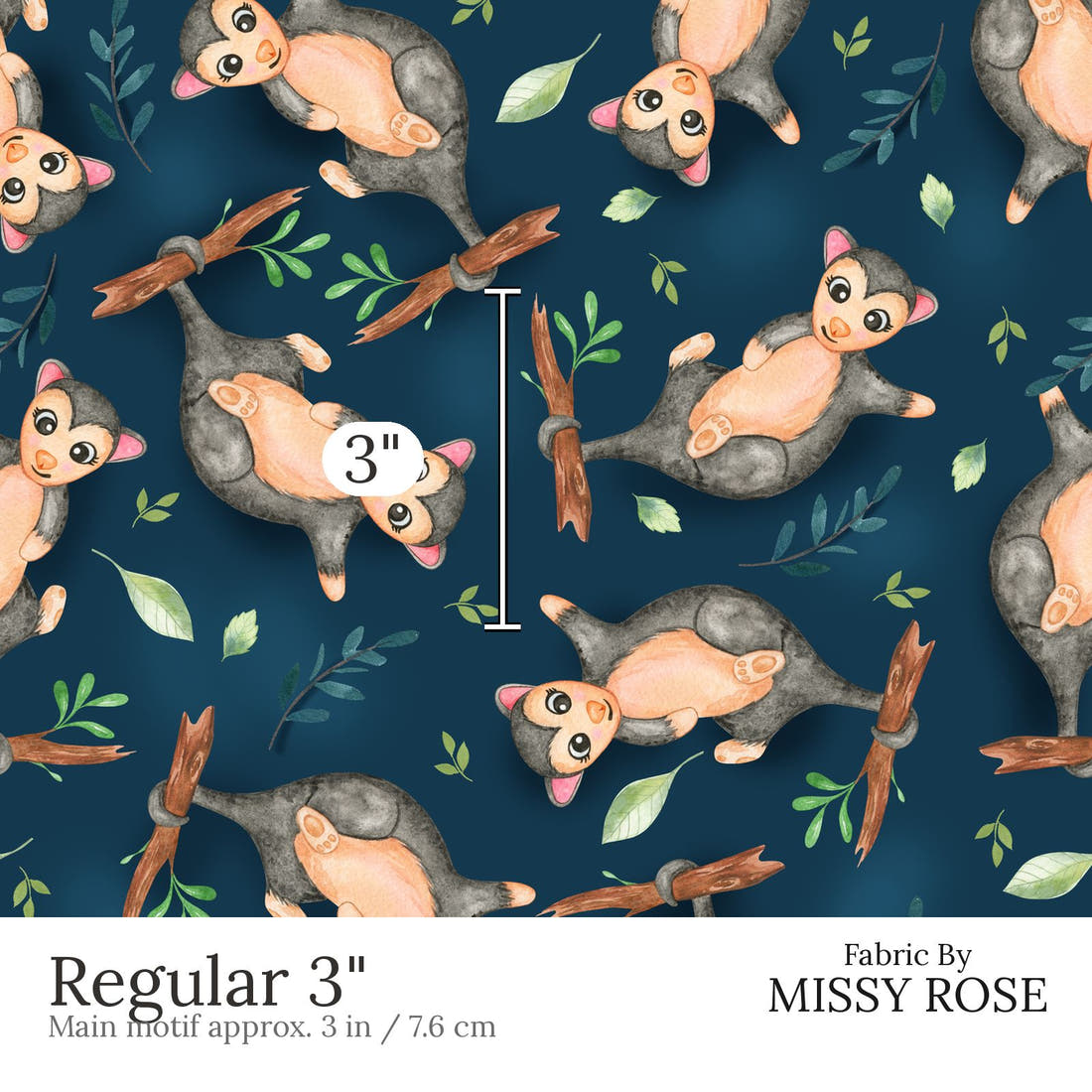 Design 553 Navy Possum Fabric Regular 3 inch print scale guide | Fabric by Missy Rose