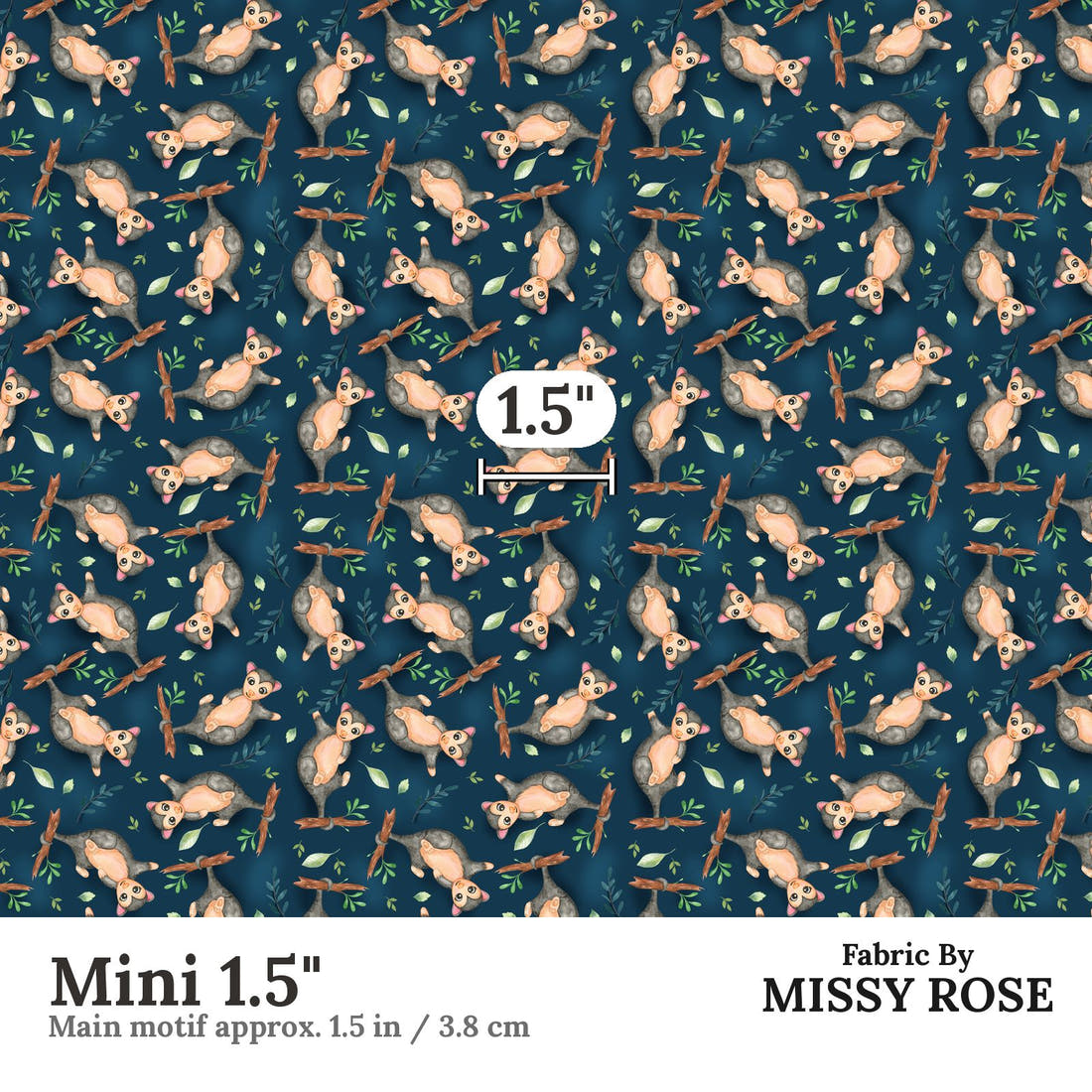 Design 553 Navy Possum Fabric Mini 1.5" - print scale | Fabric by Missy Rose