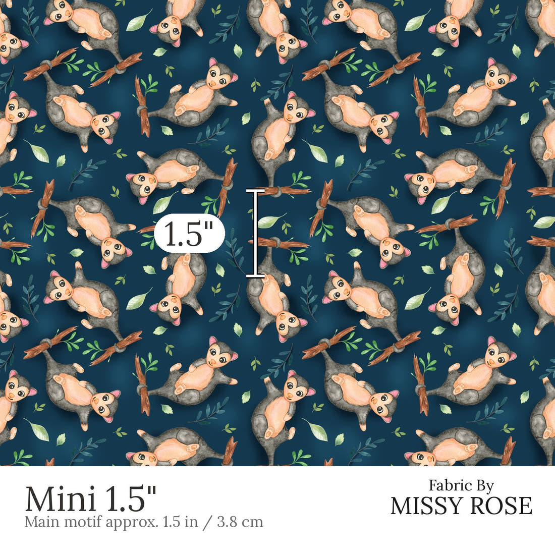 Design 553 Navy Possum Fabric Mini 1.5 inch print scale guide | Fabric by Missy Rose