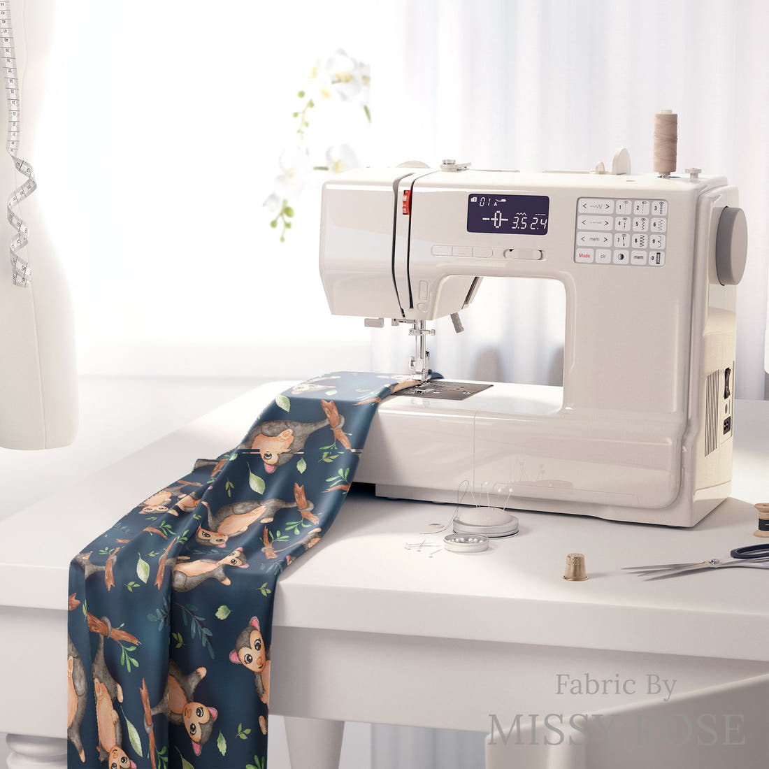 Design 553 Navy Possum Fabric on a sewing machine – premium fabric for sewing projects | Fabric by Missy Rose