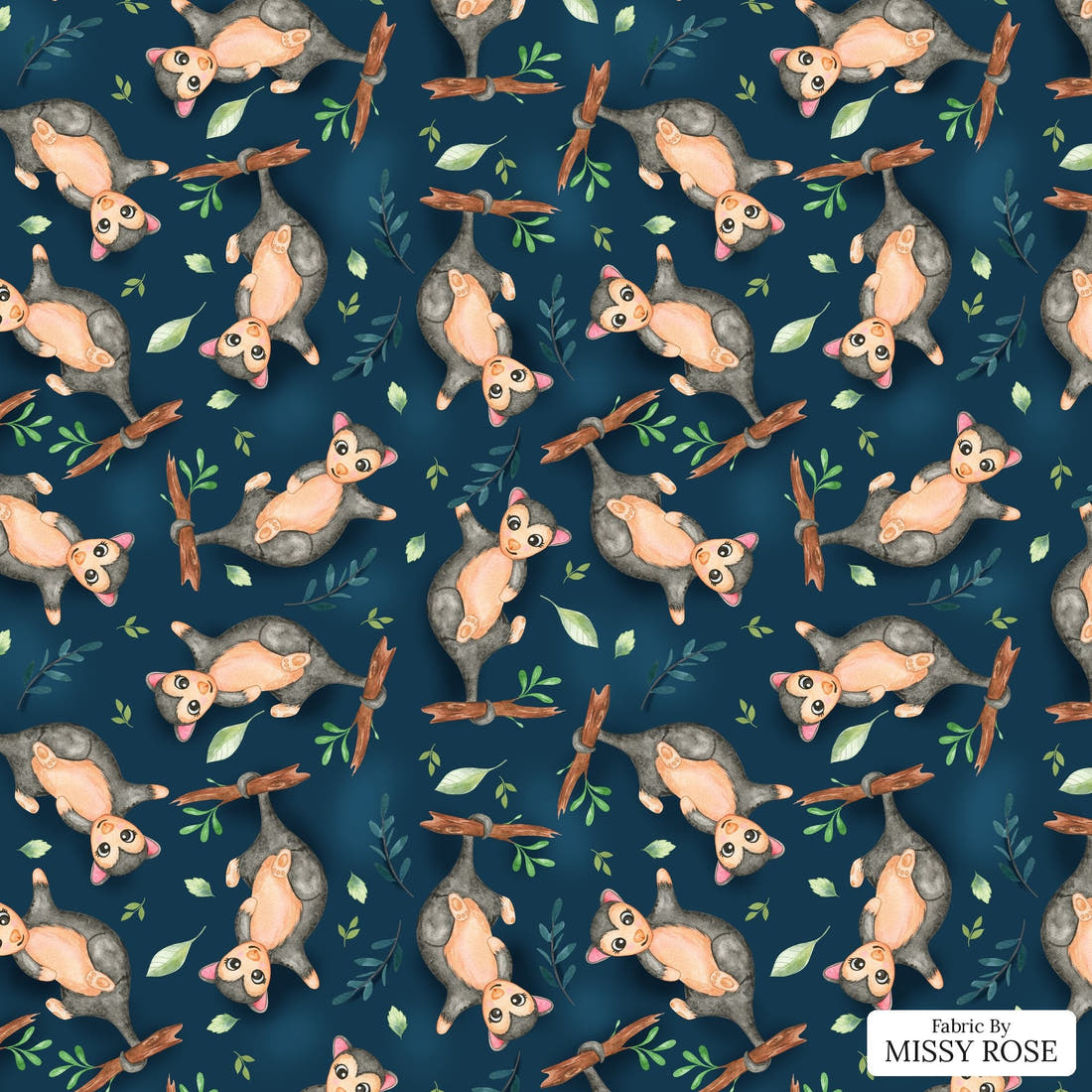 Design 553 Navy Possum Fabric - flat view of the print, zoom in for detail | Fabric by Missy Rose
