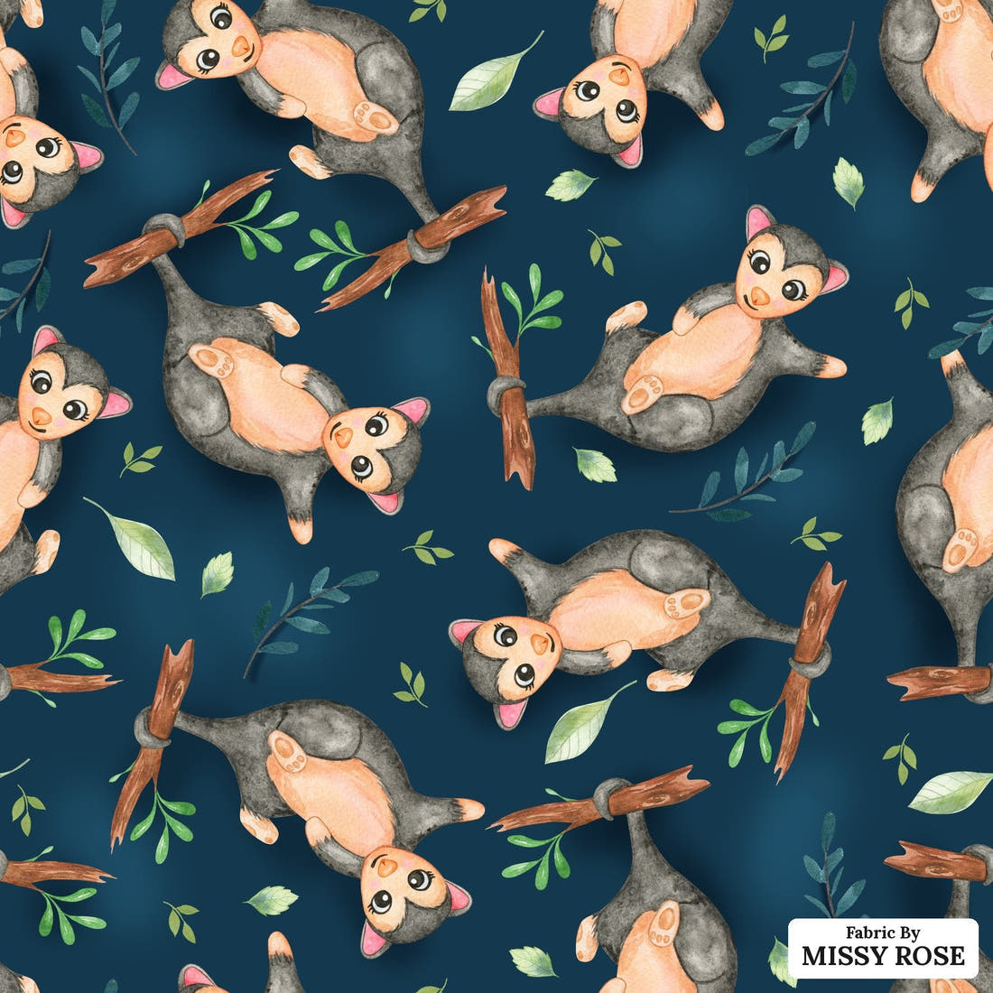 Design 553 Navy Possum Fabric - flat view of the print, zoom in for detail | Fabric by Missy Rose