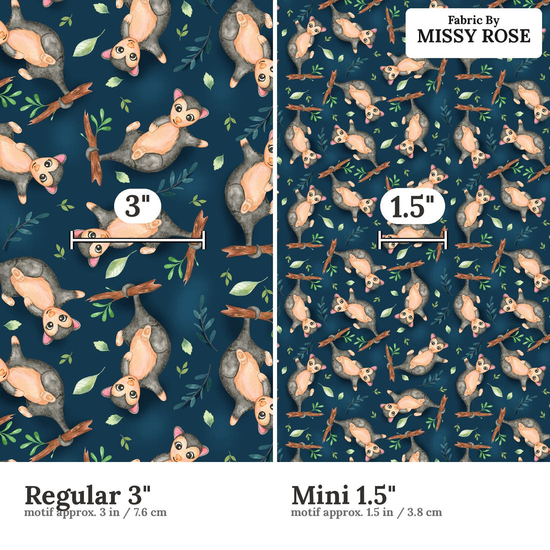 Design 553 Navy Possum Fabric size comparison - print scale | Fabric by Missy Rose