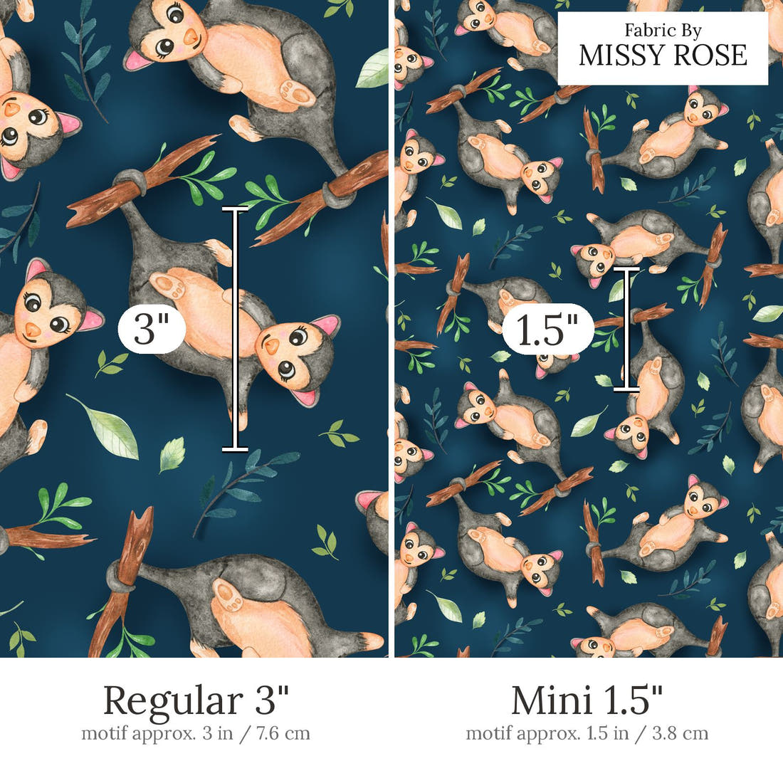 Design 553 Navy Possum Fabric Regular 3 inch vs Mini 1.5 inch print scale side by side | Fabric by Missy Rose