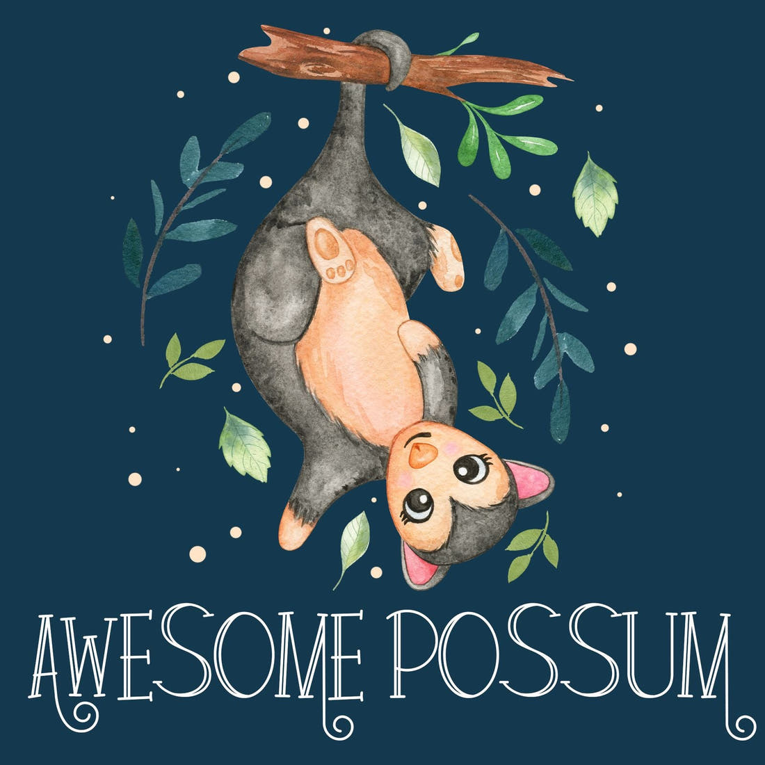 Design 553 Navy Possum Panel – full artwork close-up of the printed picture | Fabric by Missy Rose
