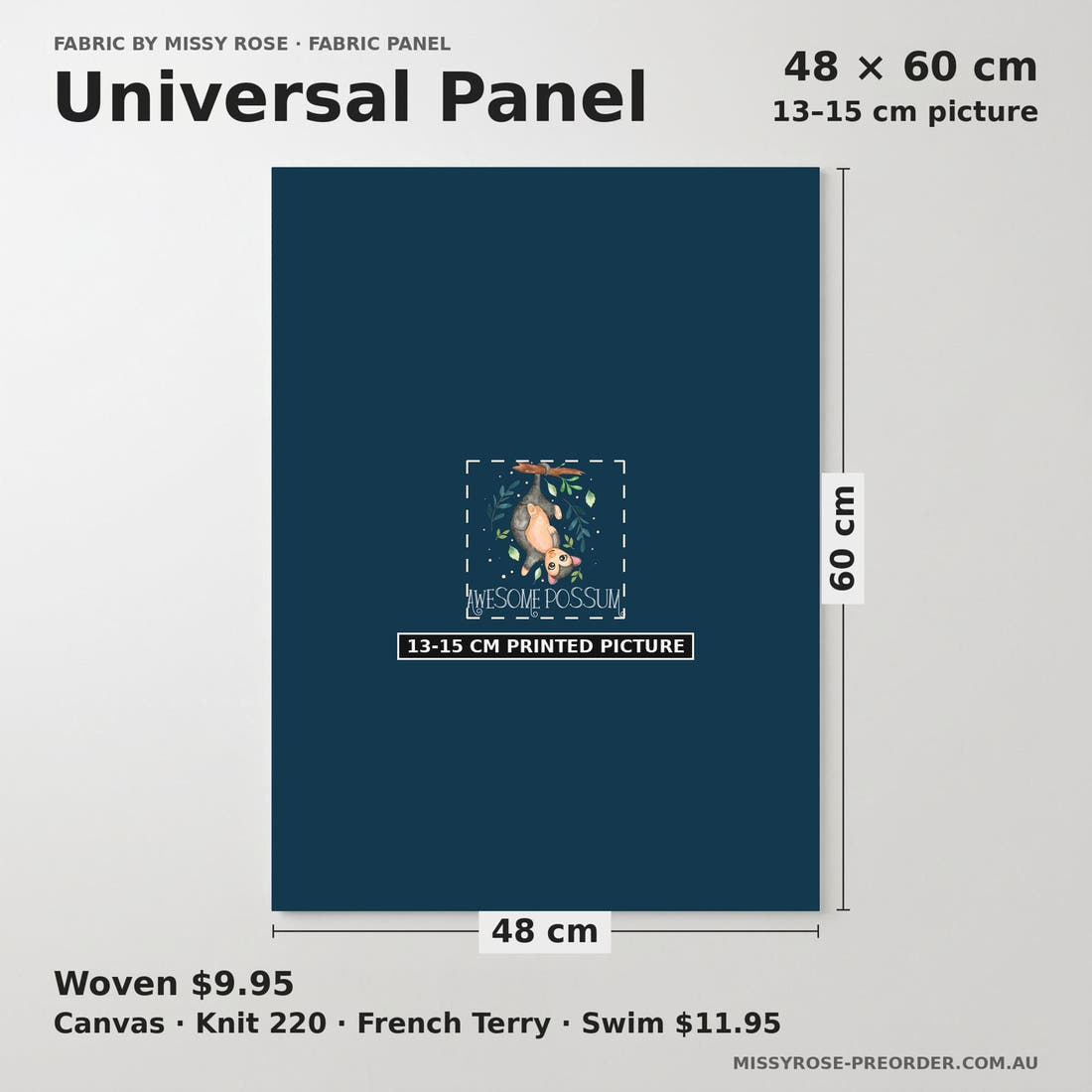 Design 553 Navy Possum Panel universal panel sizing – 13–15 cm printed picture on 48 × 60 cm fabric | Fabric by Missy Rose