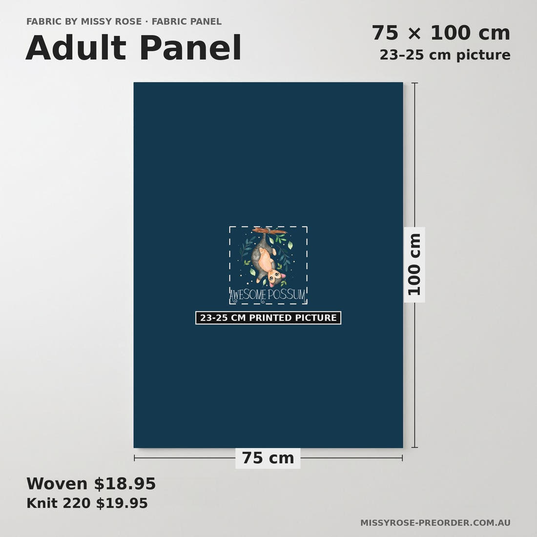Design 553 Navy Possum Panel adult panel sizing – 23–25 cm printed picture on 75 × 100 cm fabric | Fabric by Missy Rose