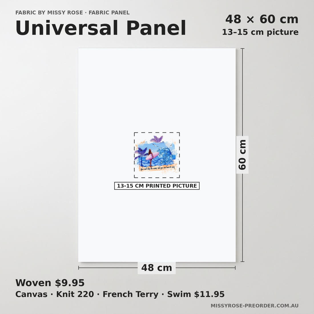 Design 554 Surfing Panel universal panel sizing – 13–15 cm printed picture on 48 × 60 cm fabric | Fabric by Missy Rose