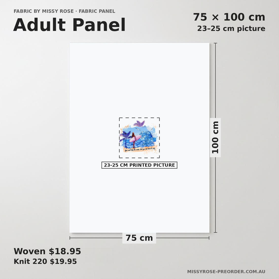 Design 554 Surfing Panel adult panel sizing – 23–25 cm printed picture on 75 × 100 cm fabric | Fabric by Missy Rose