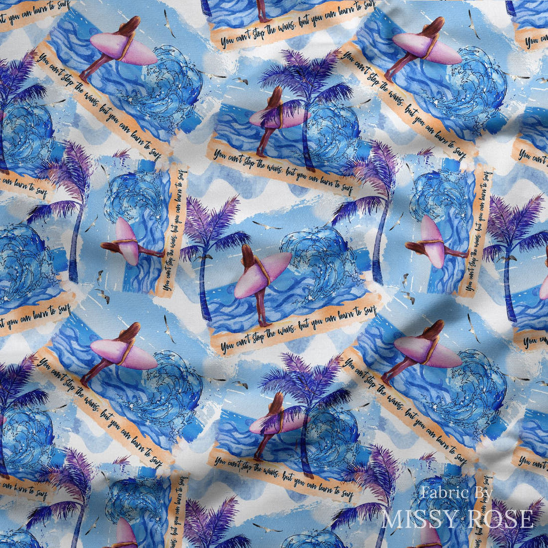 Design 554 Surfing Fabric draped fabric mockup – custom printed fabric by the metre | Fabric by Missy Rose