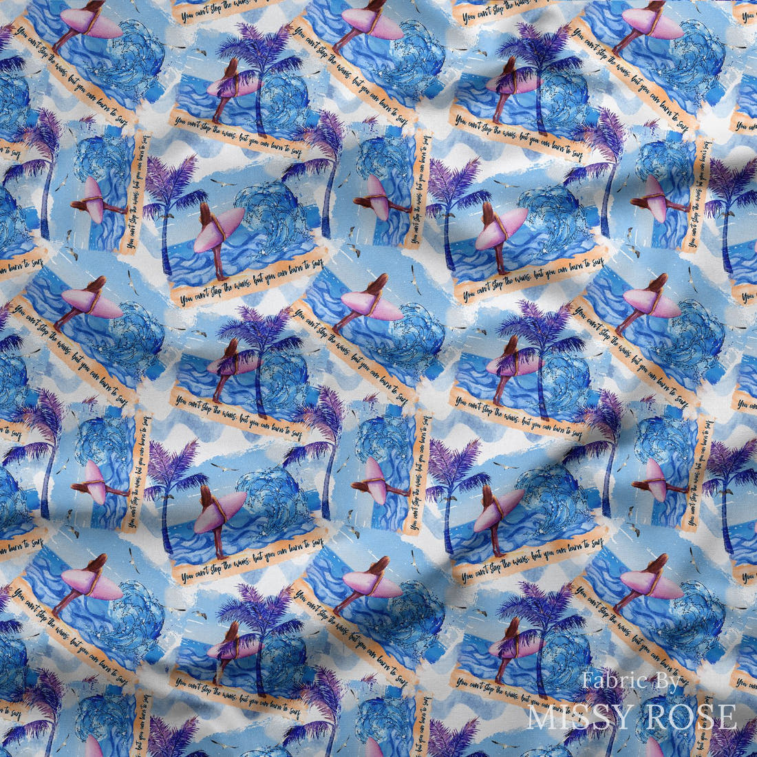 Design 554 Surfing Fabric draped fabric mockup – custom printed fabric by the metre | Fabric by Missy Rose