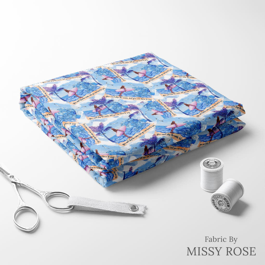 Design 554 Surfing Fabric folded fabric stack with matching thread – pre-order fabric Australia | Fabric by Missy Rose