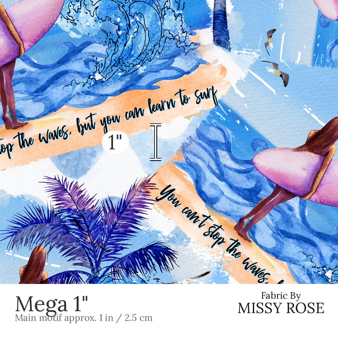 Design 554 Surfing Fabric Mega 1 inch print scale guide | Fabric by Missy Rose