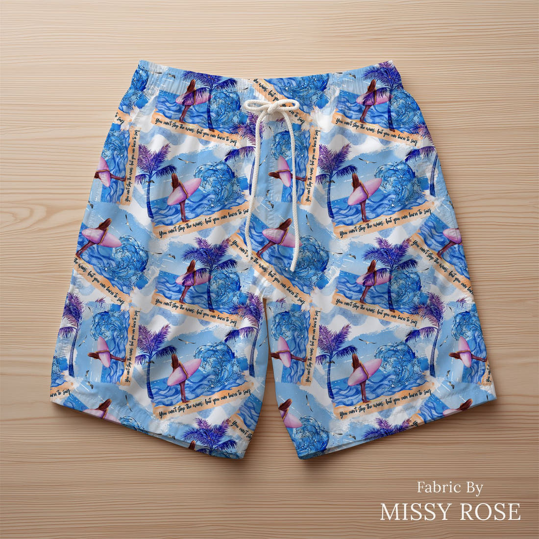 Design 554 Surfing Fabric sewn into swim shorts – see how the print looks made up | Fabric by Missy Rose