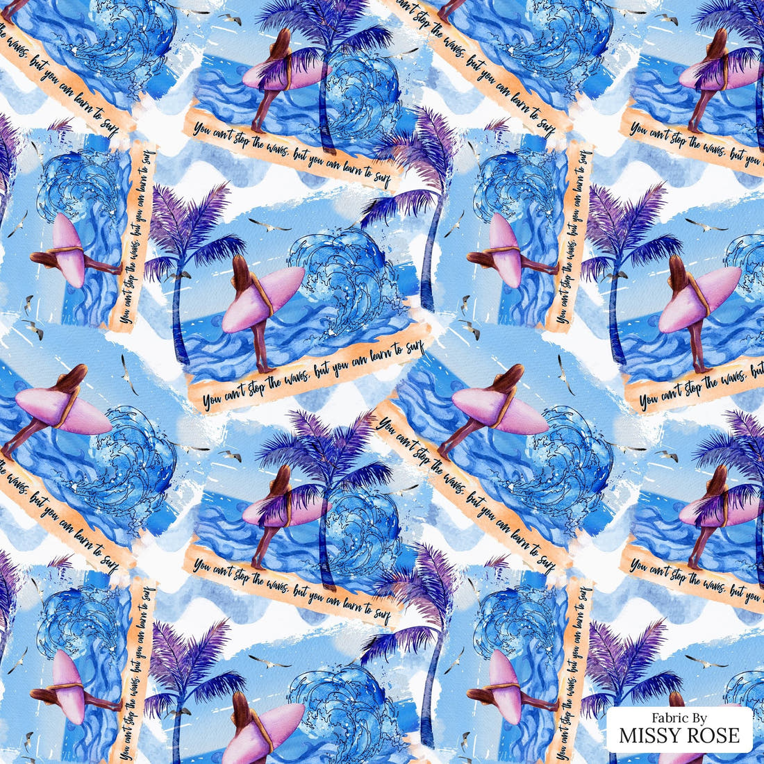 Design 554 Surfing Fabric - flat view of the print, zoom in for detail | Fabric by Missy Rose