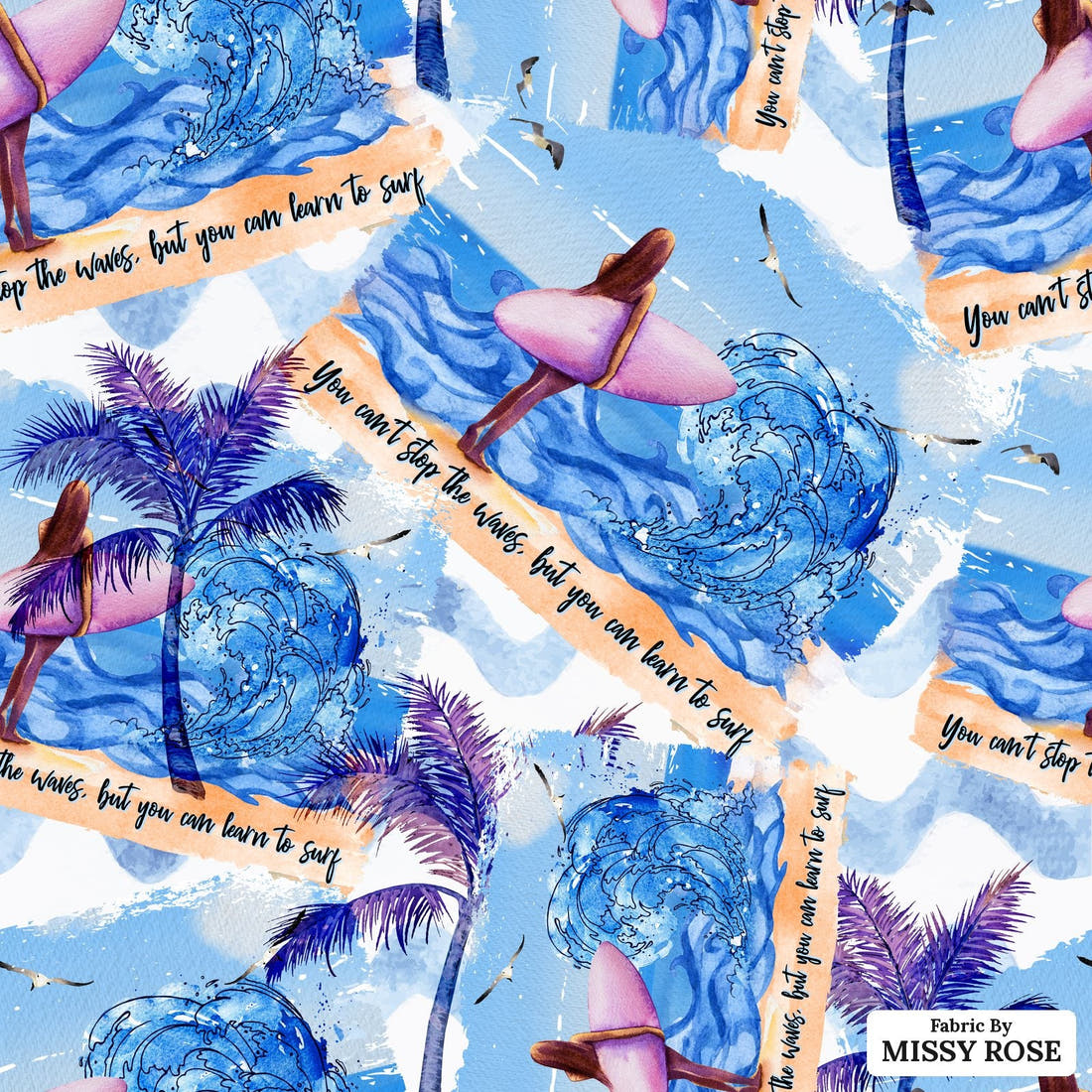 Design 554 Surfing Fabric - flat view of the print, zoom in for detail | Fabric by Missy Rose