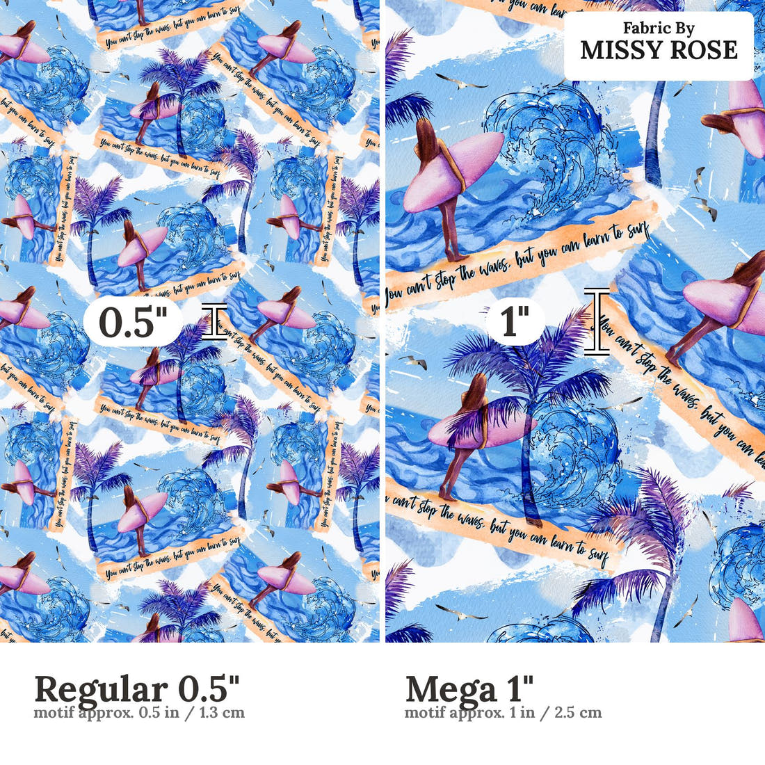 Design 554 Surfing Fabric size comparison - print scale | Fabric by Missy Rose
