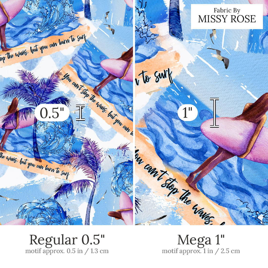 Design 554 Surfing Fabric Regular 0.5 inch vs Mega 1 inch print scale side by side | Fabric by Missy Rose