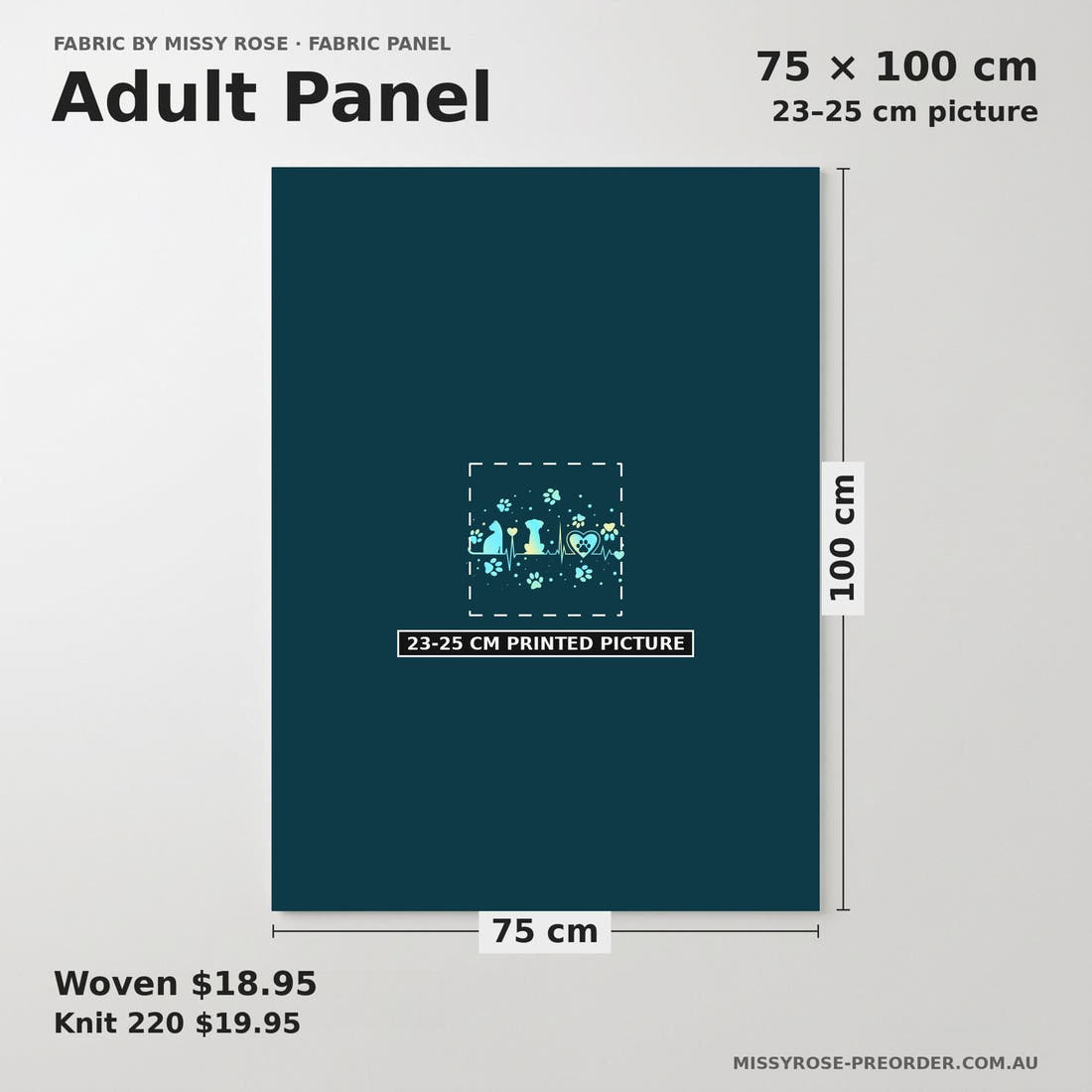 Design 555 Vet Panel adult panel sizing – 23–25 cm printed picture on 75 × 100 cm fabric | Fabric by Missy Rose