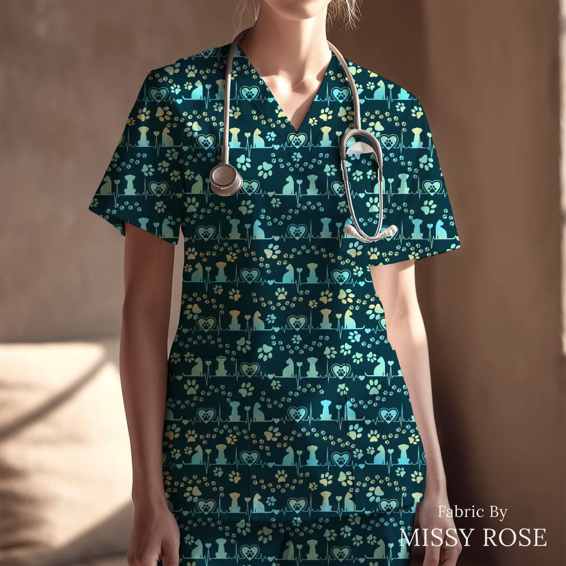 Design 555 Vet Fabric sewn into a scrubs top – see how the print looks made up | Fabric by Missy Rose