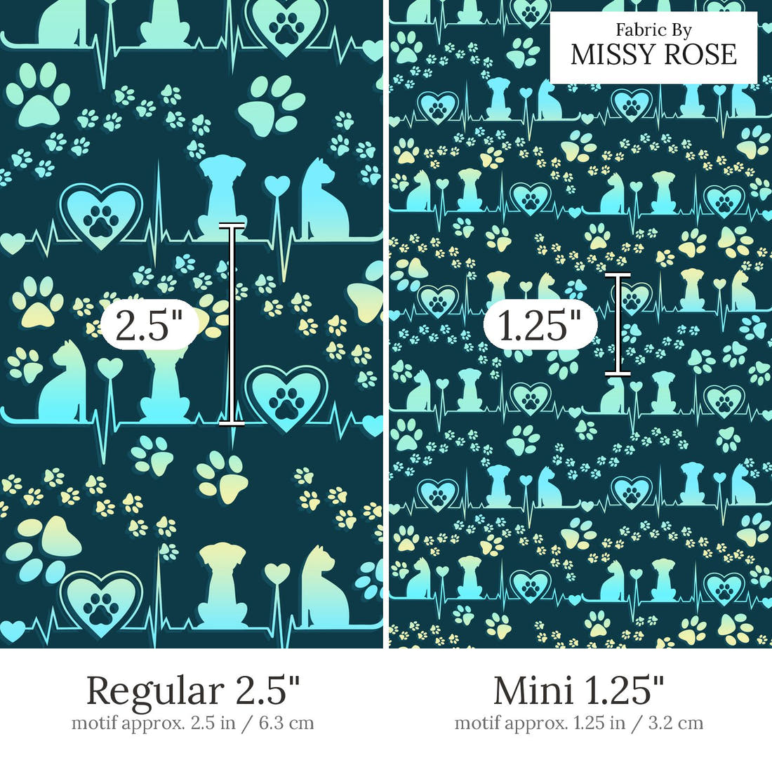 Design 555 Vet Fabric Regular 2.5 inch vs Mini 1.25 inch print scale side by side | Fabric by Missy Rose