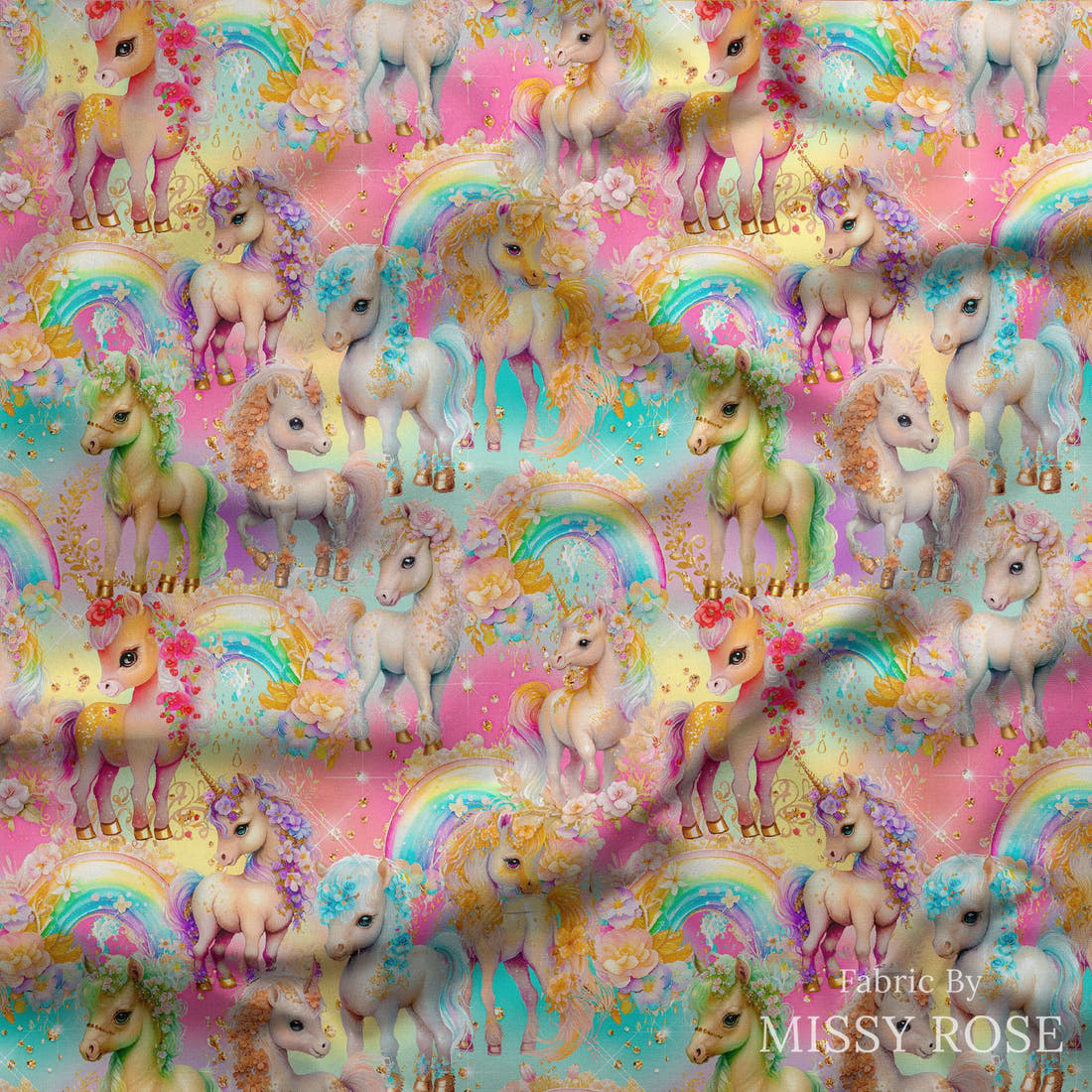 Design 556 Pink Unicorn Fabric draped fabric mockup – custom printed fabric by the metre | Fabric by Missy Rose