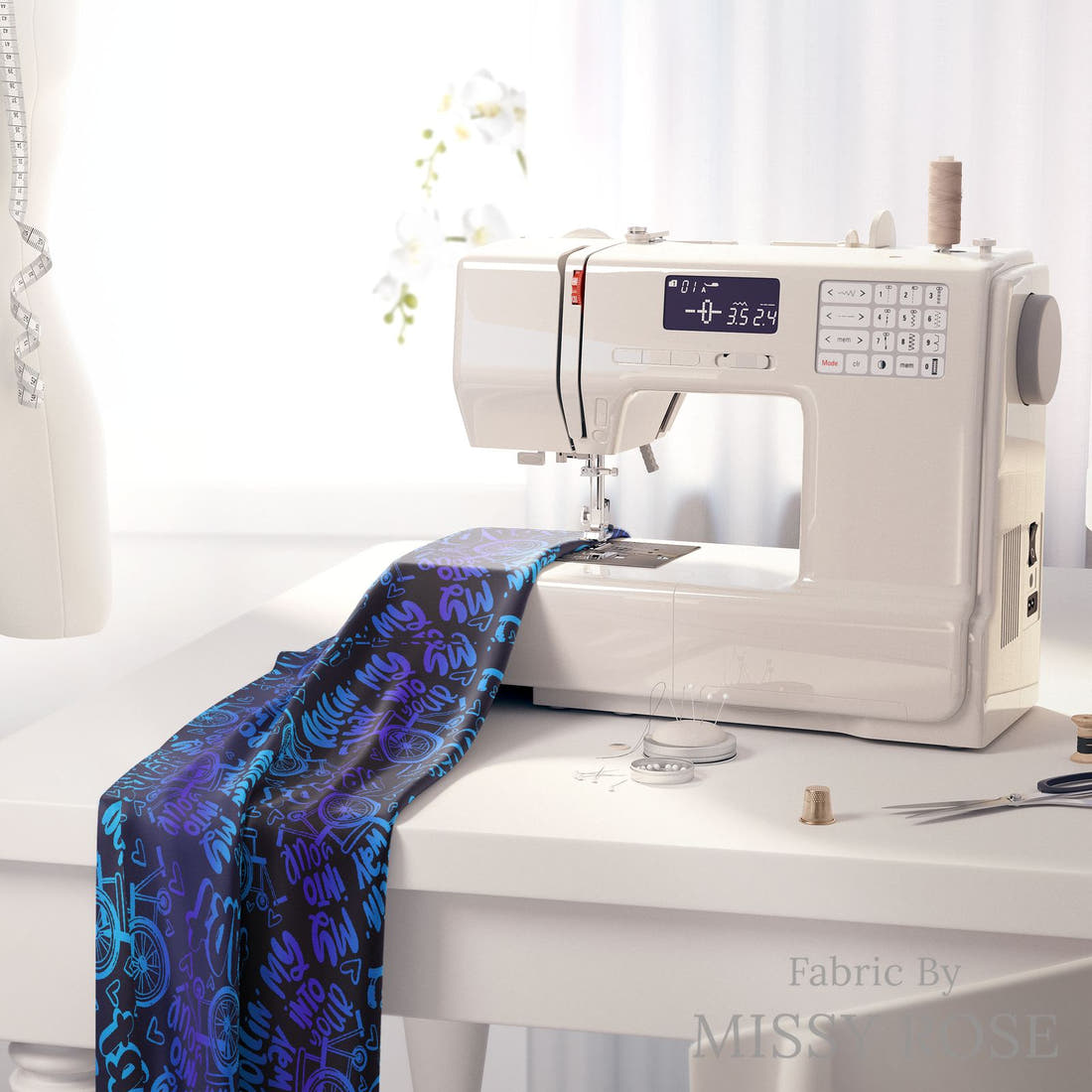 Design 557 Rollin Fabric on a sewing machine – premium fabric for sewing projects | Fabric by Missy Rose