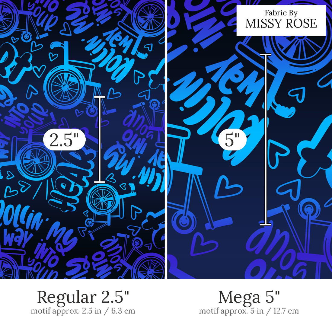 Design 557 Rollin Fabric Regular 2.5 inch vs Mega 5 inch print scale side by side | Fabric by Missy Rose
