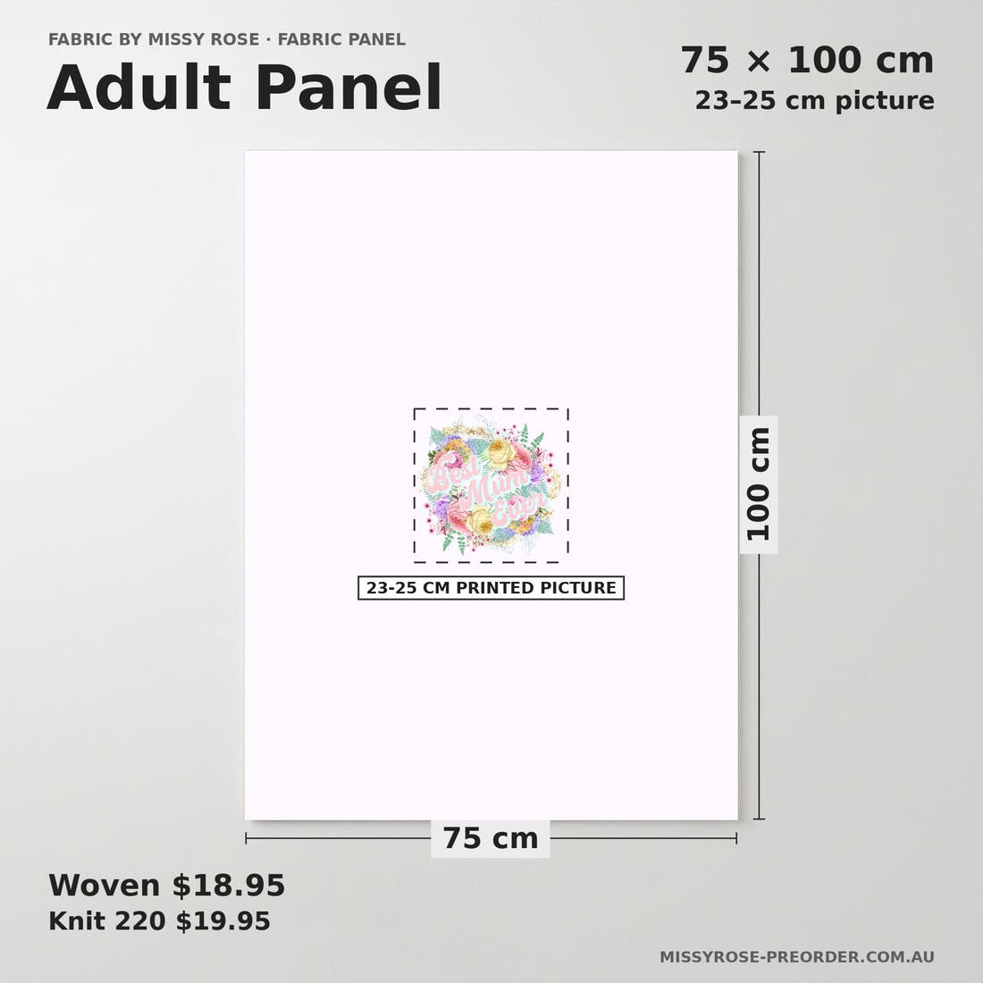 Design 558 Pastel Floral Panel adult panel sizing – 23–25 cm printed picture on 75 × 100 cm fabric | Fabric by Missy Rose