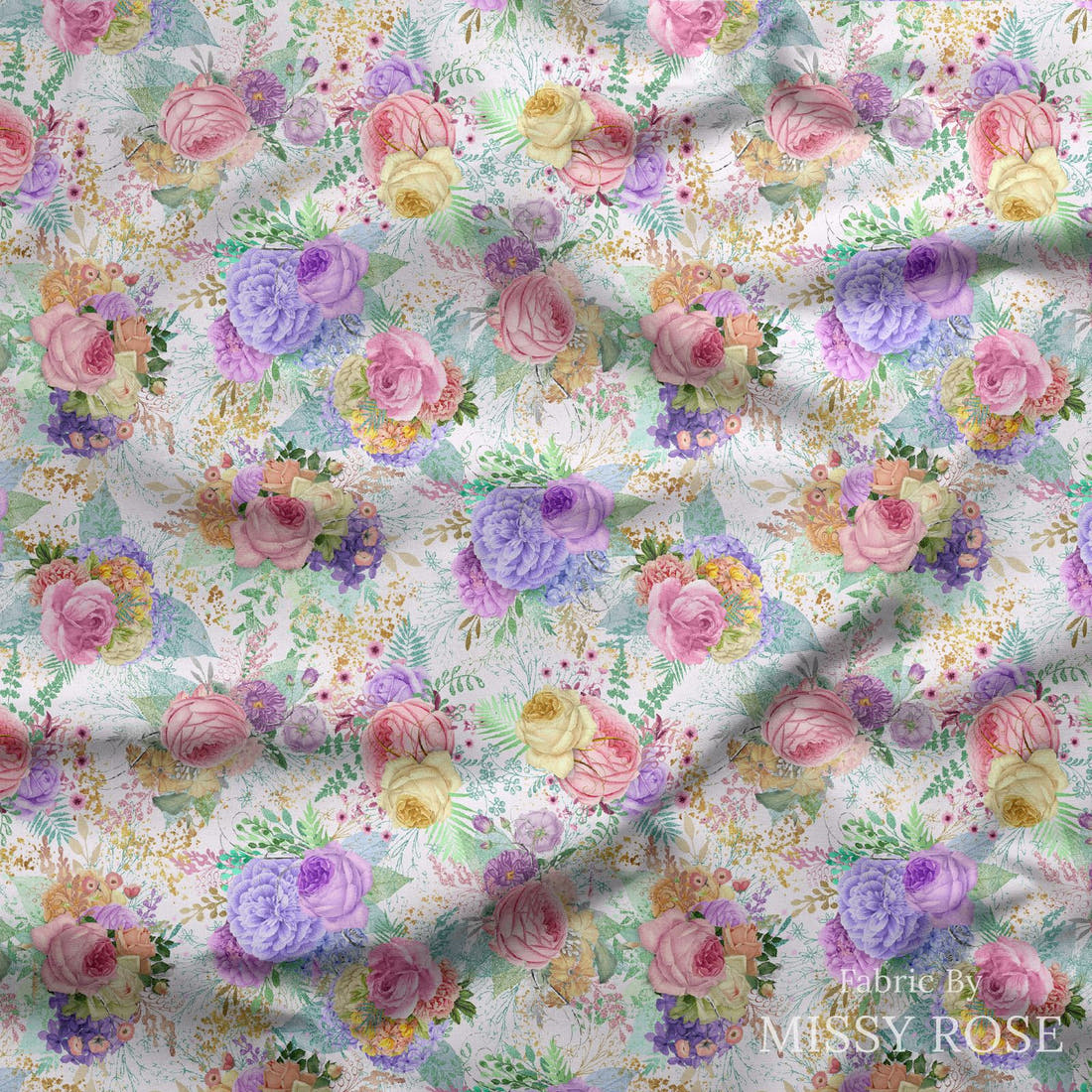 Design 558 Pastel Floral Fabric draped fabric mockup – custom printed fabric by the metre | Fabric by Missy Rose